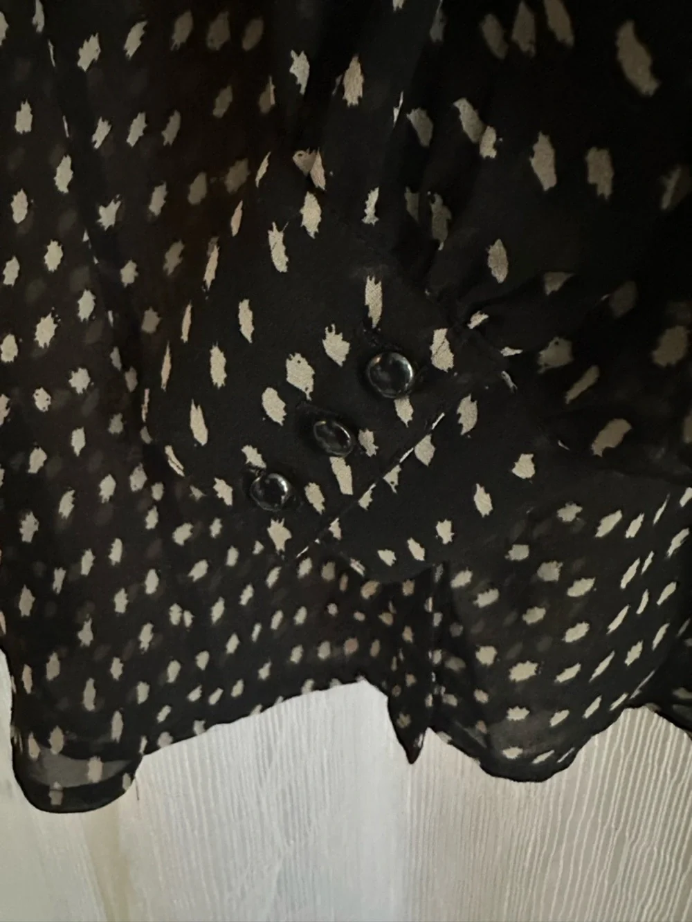 JM Collection Black Blouse with White Dot Print and Ruffle Detail - Picture 3 of 4
